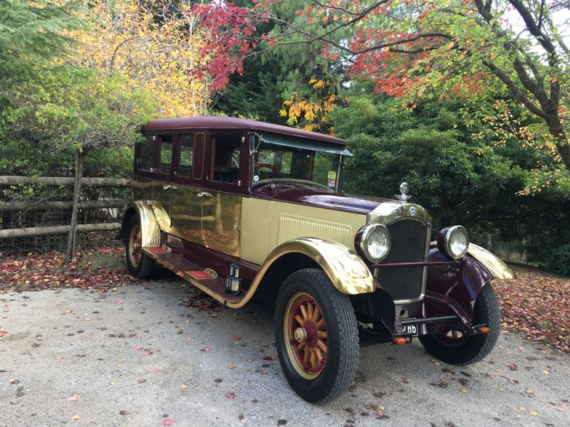 A vintage car parked under the autumn trees