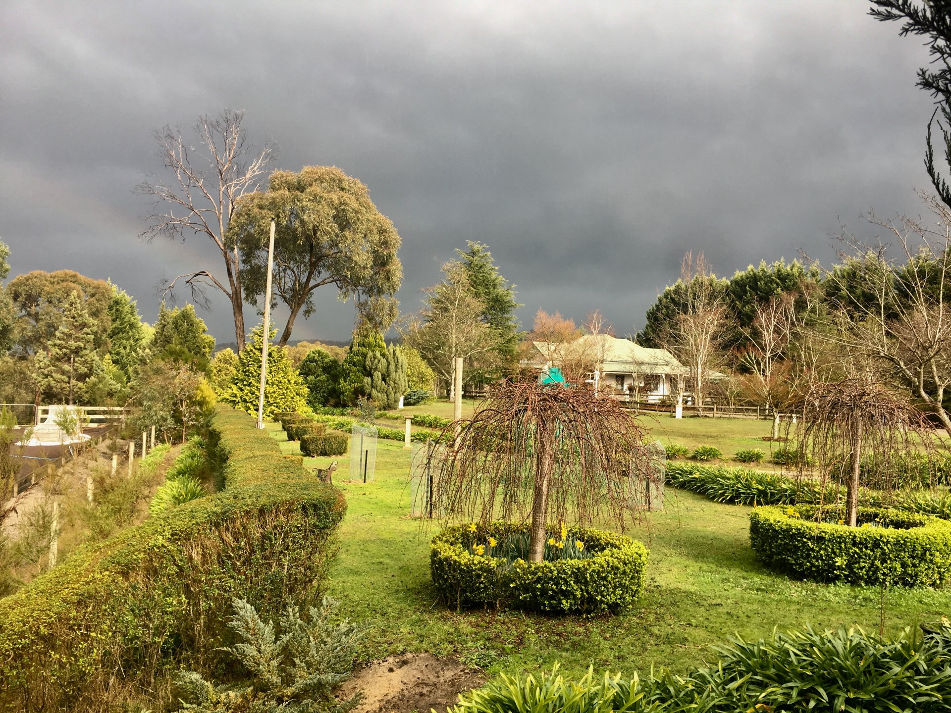The formal garden under a stormy sky