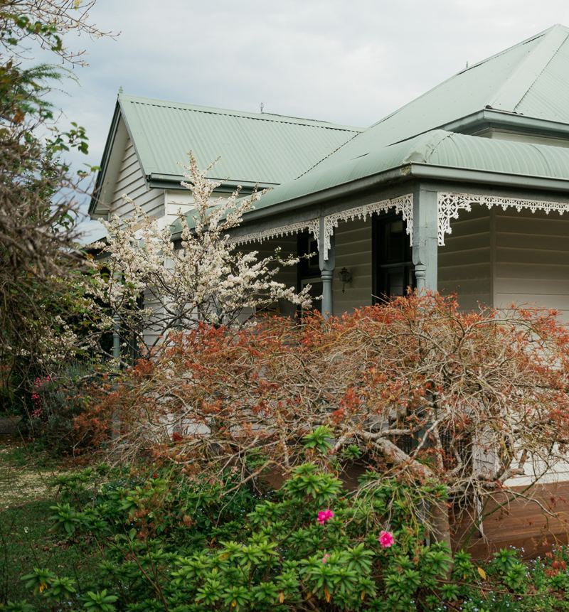The cottage gables through the garden