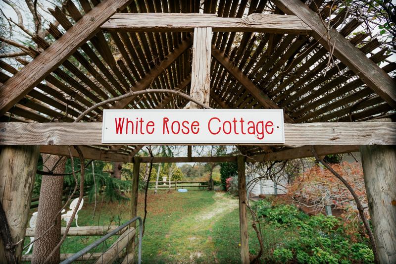 The White Rose Cottage sign on the pergola